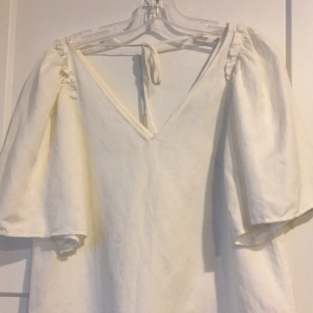 Ruched Short Sleeveless Top,Cream, S-XS ,53% Linen